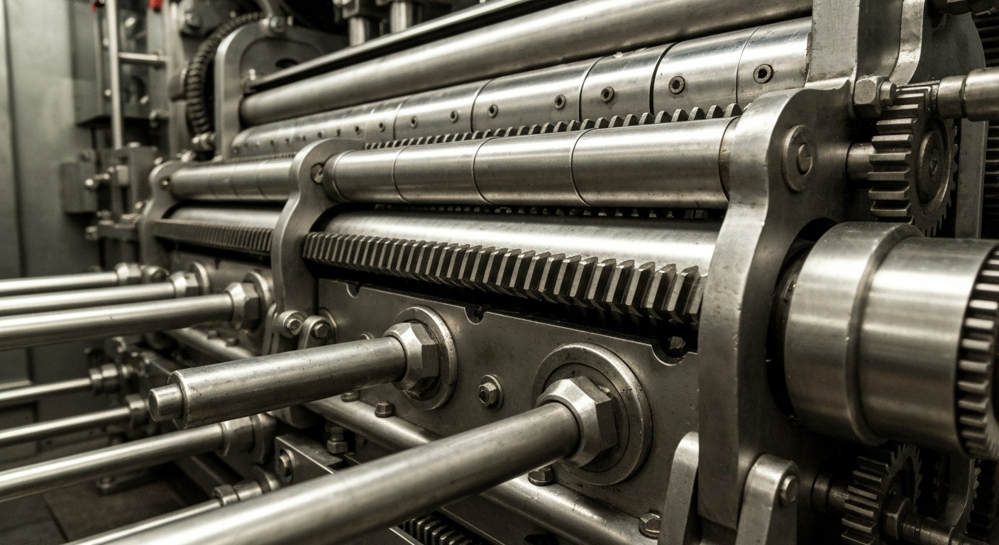 An extreme close-up of gears, levers, and other heavy industrial components that make up the physical backbone of the banking system, conveying a sense of institutional power and financial security through a conceptual visual metaphor.