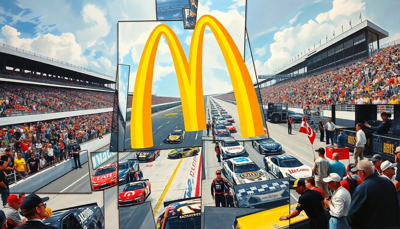 A fragmented, cubist-style painting depicting a NASCAR race scene, with the iconic McDonald's golden arches logo and other racing elements broken down into sharp, overlapping geometric shapes and planes.