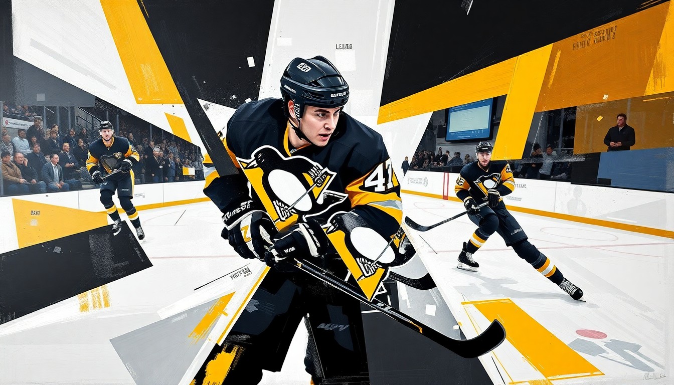 A cubist, geometric painting depicting a hockey player in motion, with sharp, overlapping shapes and planes in the Penguins' official colors of black, gold, and white, conceptually representing the complex discussions surrounding Evgeni Malkin's future with the team.