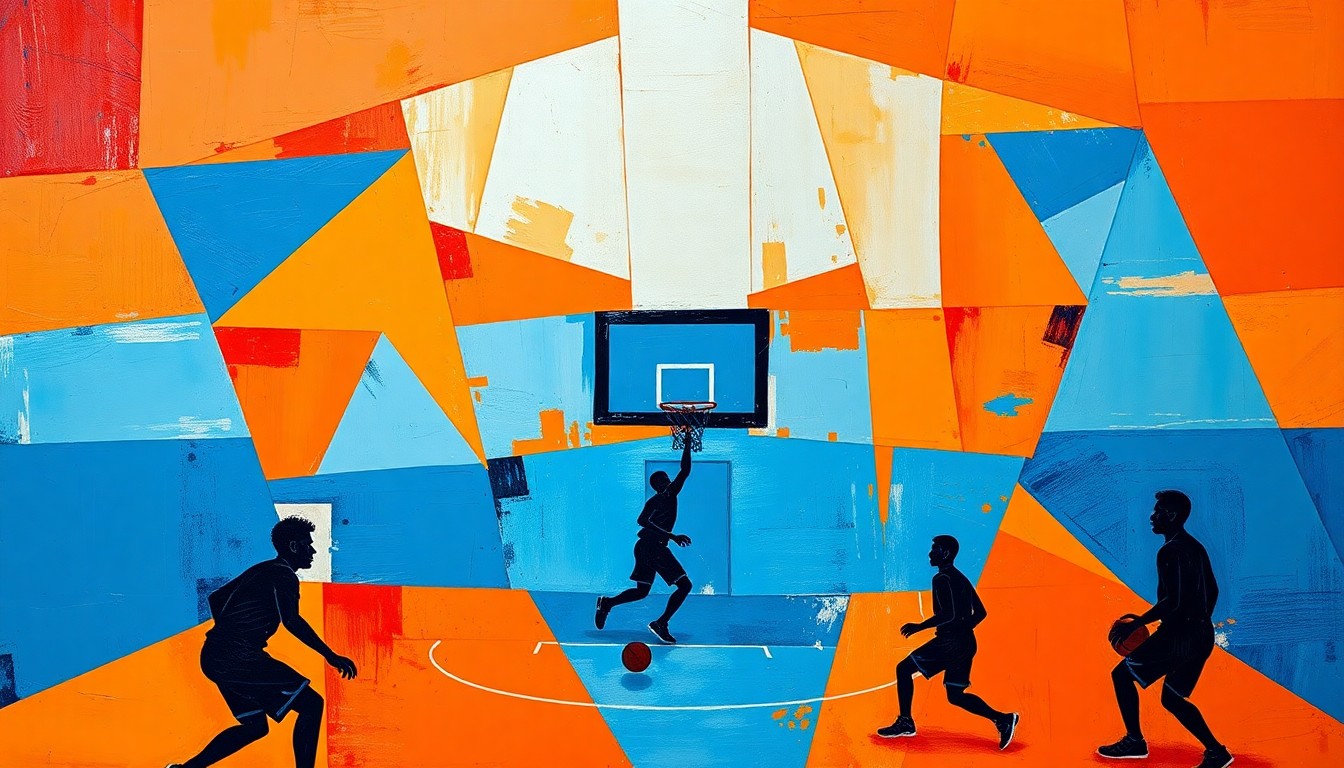 A cubist-style painting featuring overlapping geometric shapes in shades of orange and blue, with the silhouettes of basketball players and a hoop emerging from the abstract composition, conceptually representing the diverse coaching expertise joining the Syracuse program.
