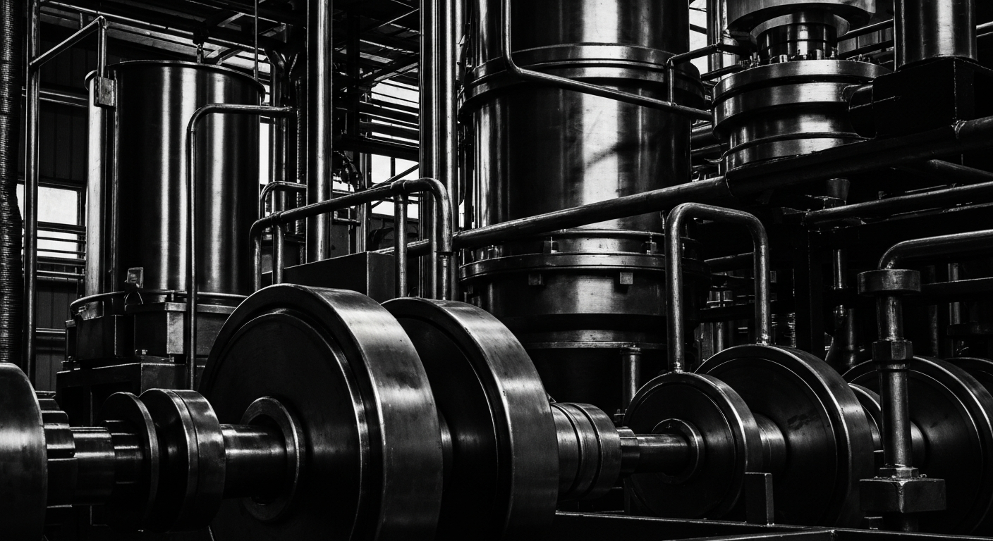 A dramatic, high-contrast black and white close-up of the heavy, industrial machinery and equipment used in a nutritional supplements manufacturing facility, representing the company's production capabilities without using any text or identifiable elements.