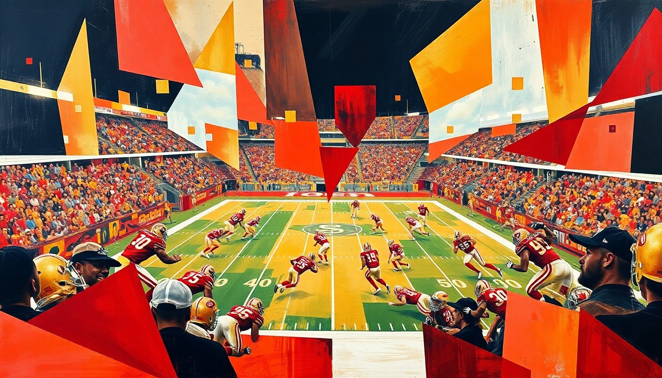 A cubist, geometric painting depicting a fragmented and deconstructed San Francisco 49ers football game, with players and the field broken down into abstract shapes and planes of red, gold, and black, capturing the dynamic energy and strategic complexity of the team's offseason moves.