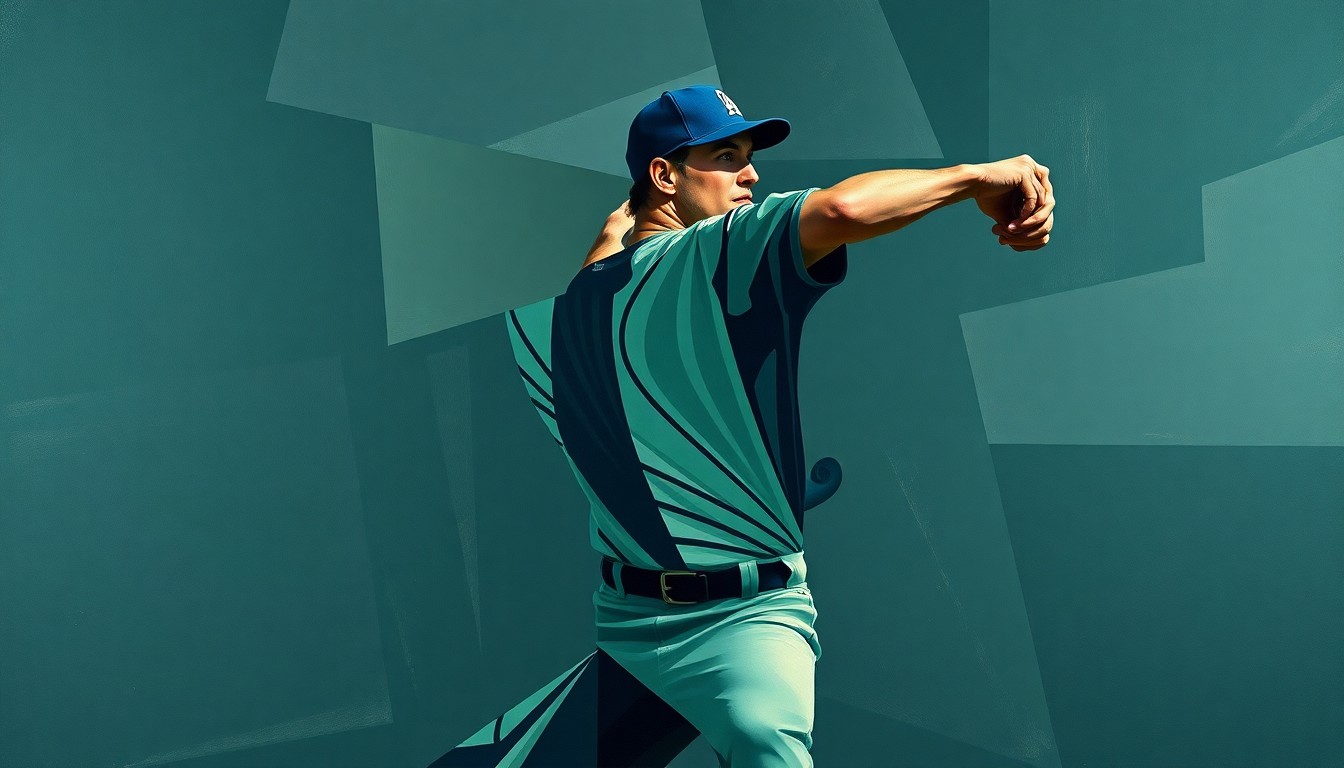 A fractured, geometric painting depicting a baseball pitcher's throwing motion, with sharp planes of navy, forest green, and charcoal grey, conveying the complexity and uncertainty surrounding an athlete's injury.