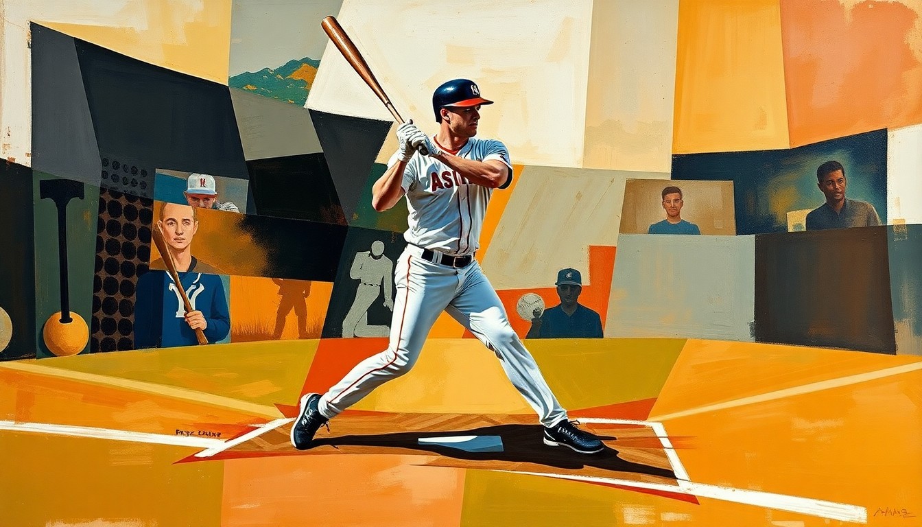 A fractured, multi-perspective painting depicting a baseball player's batting stance and fielding motions at first base, broken down into sharp, overlapping geometric shapes and planes in a cubist style.