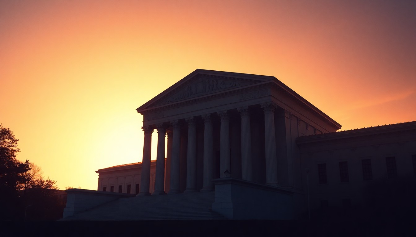 A serene, cinematic painting of the exterior of the Supreme Court building, with the structure bathed in warm, diagonal sunlight and deep shadows, conveying the solemn and weighty atmosphere of the upcoming hearing on a sensitive political issue.