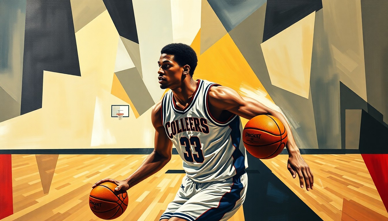 A fragmented, geometric painting depicting the dynamic movements and actions of a college basketball player, with their face and jersey obscured, conveying the conceptual idea of a talented athlete transferring to a new team and the potential impact they can have.