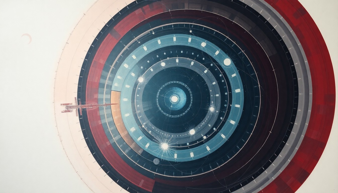 A bold, highly structured abstract painting in soft colors, featuring sweeping geometric arcs, concentric circles, and precise botanical spirals, conceptually representing the complex medical and technological challenges of providing care in the microgravity environment of the International Space Station.