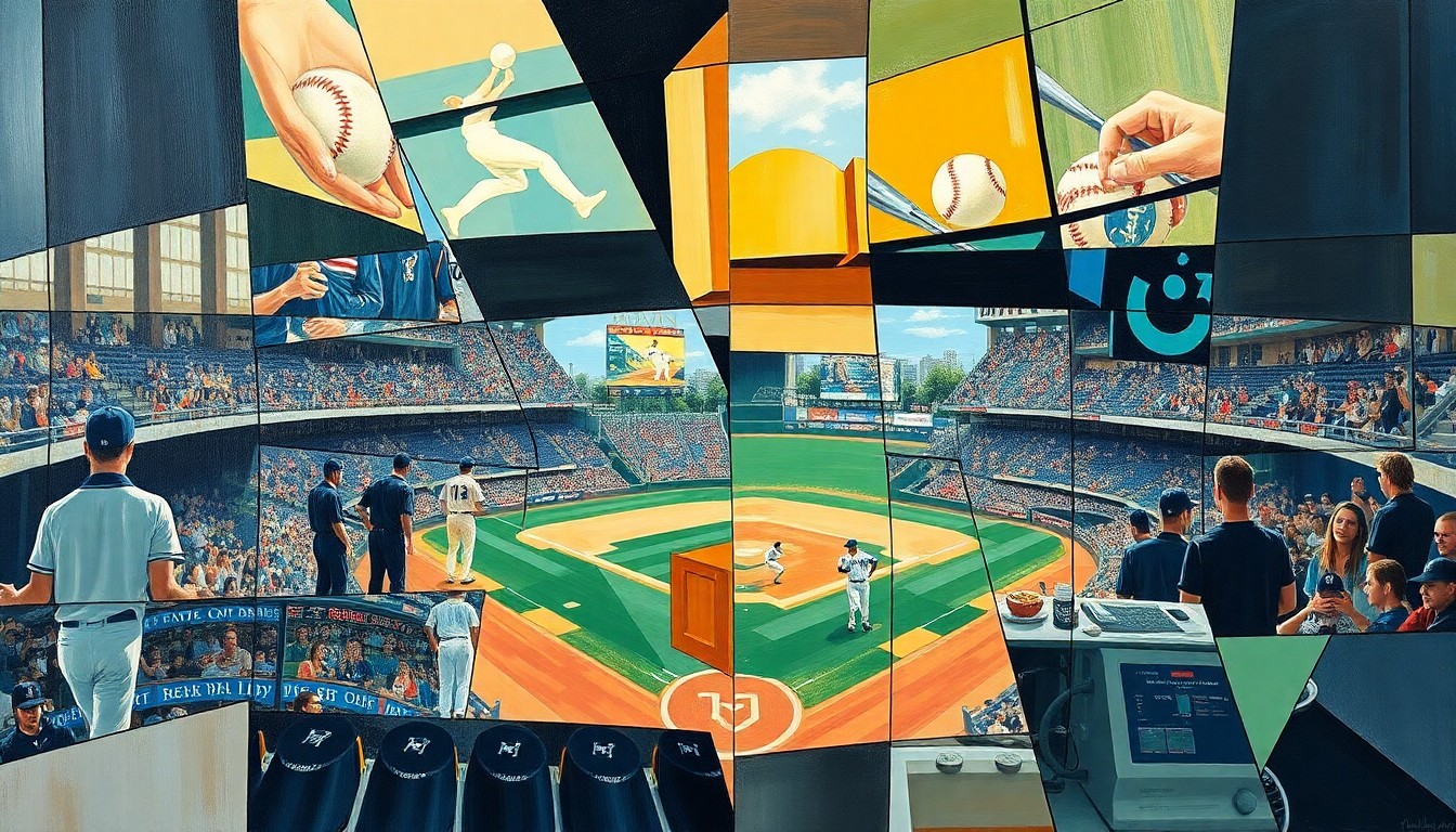 A cubist, geometric painting depicting a baseball game or match, with players and the field broken down into sharp, overlapping planes of color and shape, conveying the dynamic energy and shifting perspectives of the sport.