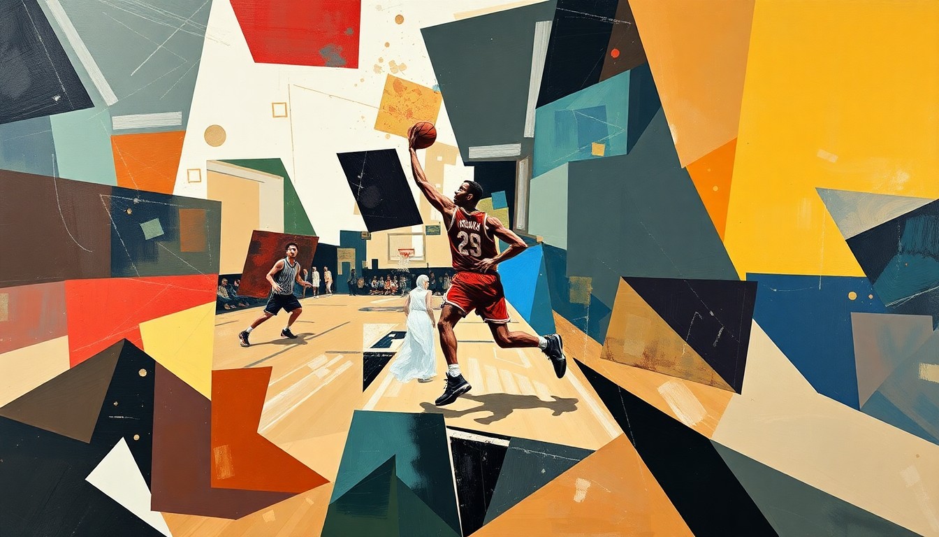 A cubist-style painting depicting a basketball player in motion, surrounded by fragmented geometric shapes and planes that convey the dynamic energy of the sport, reflecting the uncertainty and chaos caused by Aliyah Boston's injury.