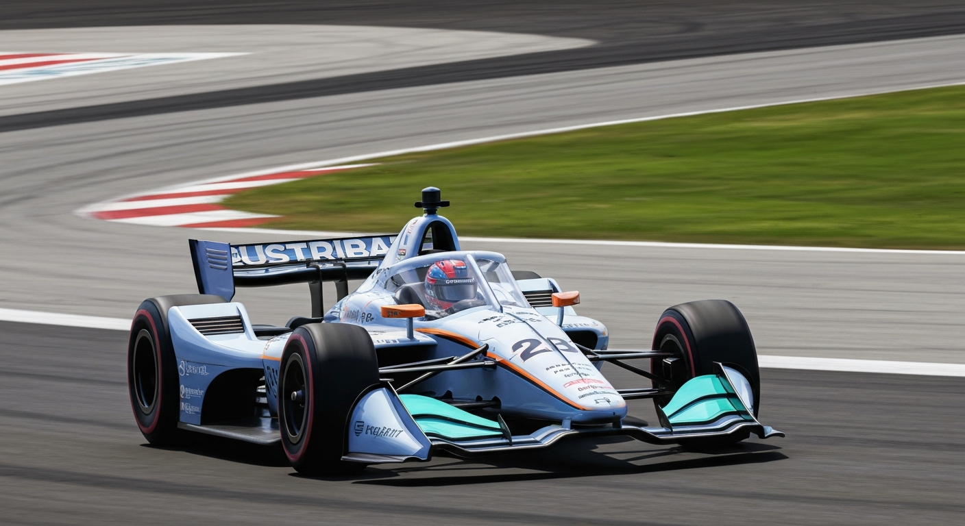 A blurred, abstract image of an IndyCar race car in a blur of vibrant colors, conveying the speed and power of modern motorsports while highlighting the team's commitment to sustainability.