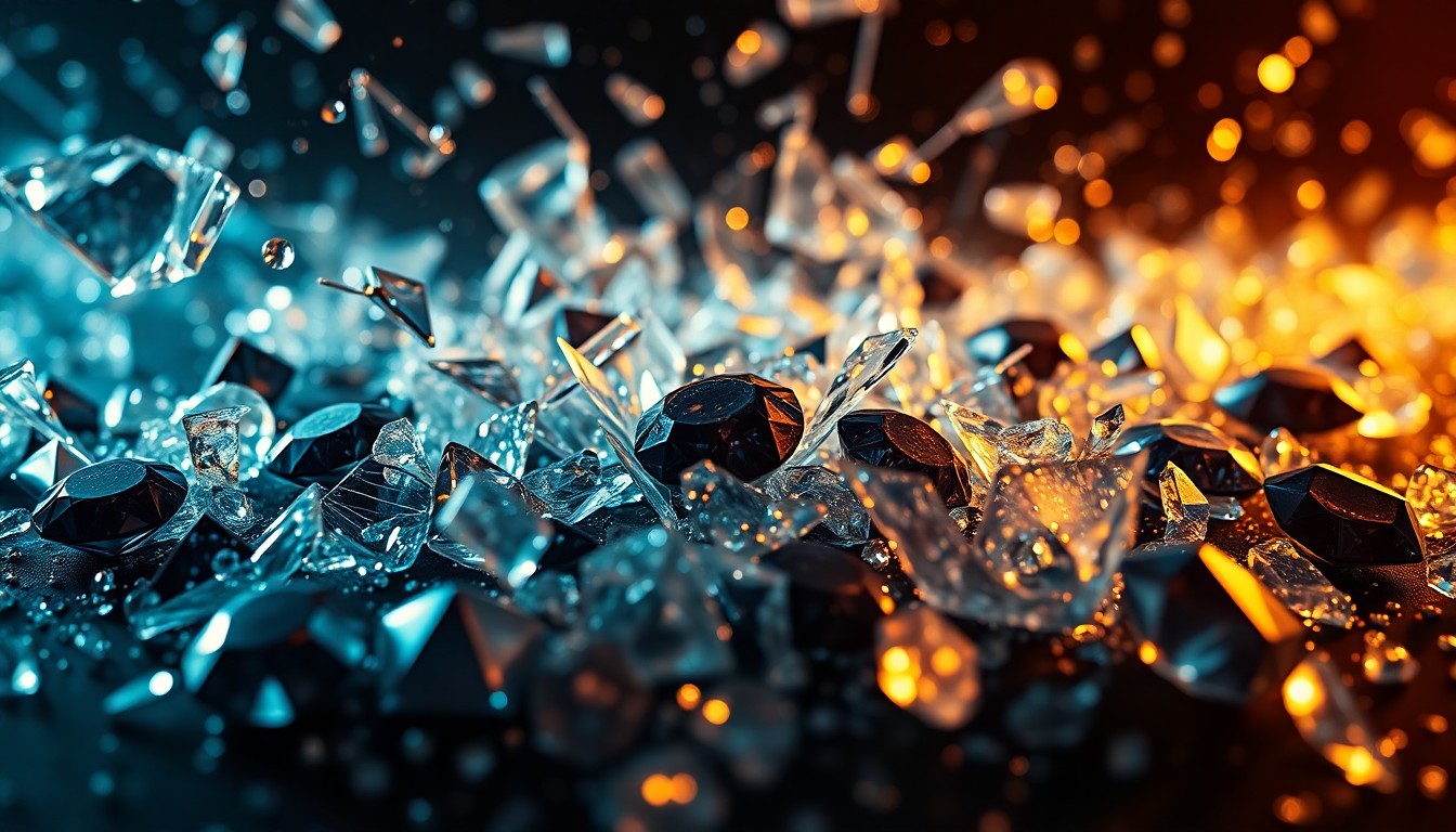An abstract close-up image of shattered glass and sparkling jewels, captured in dramatic, high-contrast lighting to evoke the high-stakes world of the film's jewel heist plot.