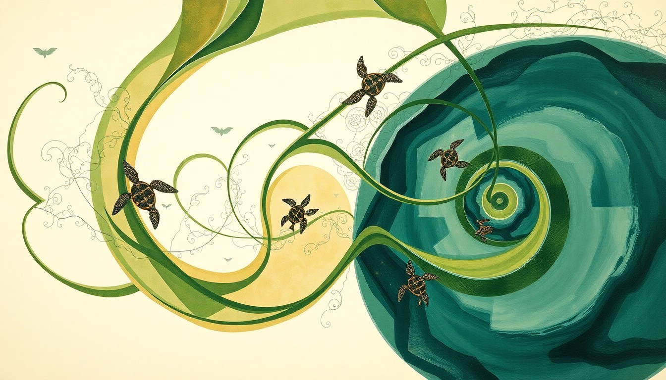 A highly structured abstract painting in soft, earthy tones of green, brown, and blue, depicting the complex interplay between sweeping geometric forms and precise botanical spirals, conceptually representing the delicate balance between sargassum seaweed and sea turtle hatchlings on Florida's beaches.