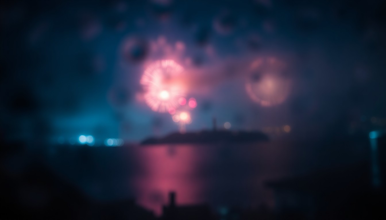 An extremely abstracted, out-of-focus photograph of colorful, blurred fireworks bursting over the San Francisco Bay at night, creating a hazy, dreamlike scene with no distinct forms or identifiable landmarks.
