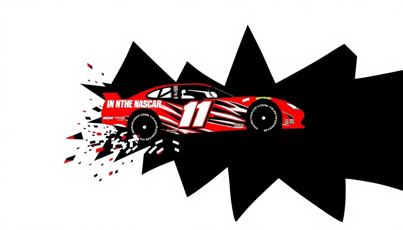 A stark, minimalist illustration depicting the silhouette of a NASCAR race car crashing through an abstract, jagged red shape, conveying the dramatic collision that occurred during Frankie Muniz's race on the same day as the 'Malcolm in the Middle' revival premiere.