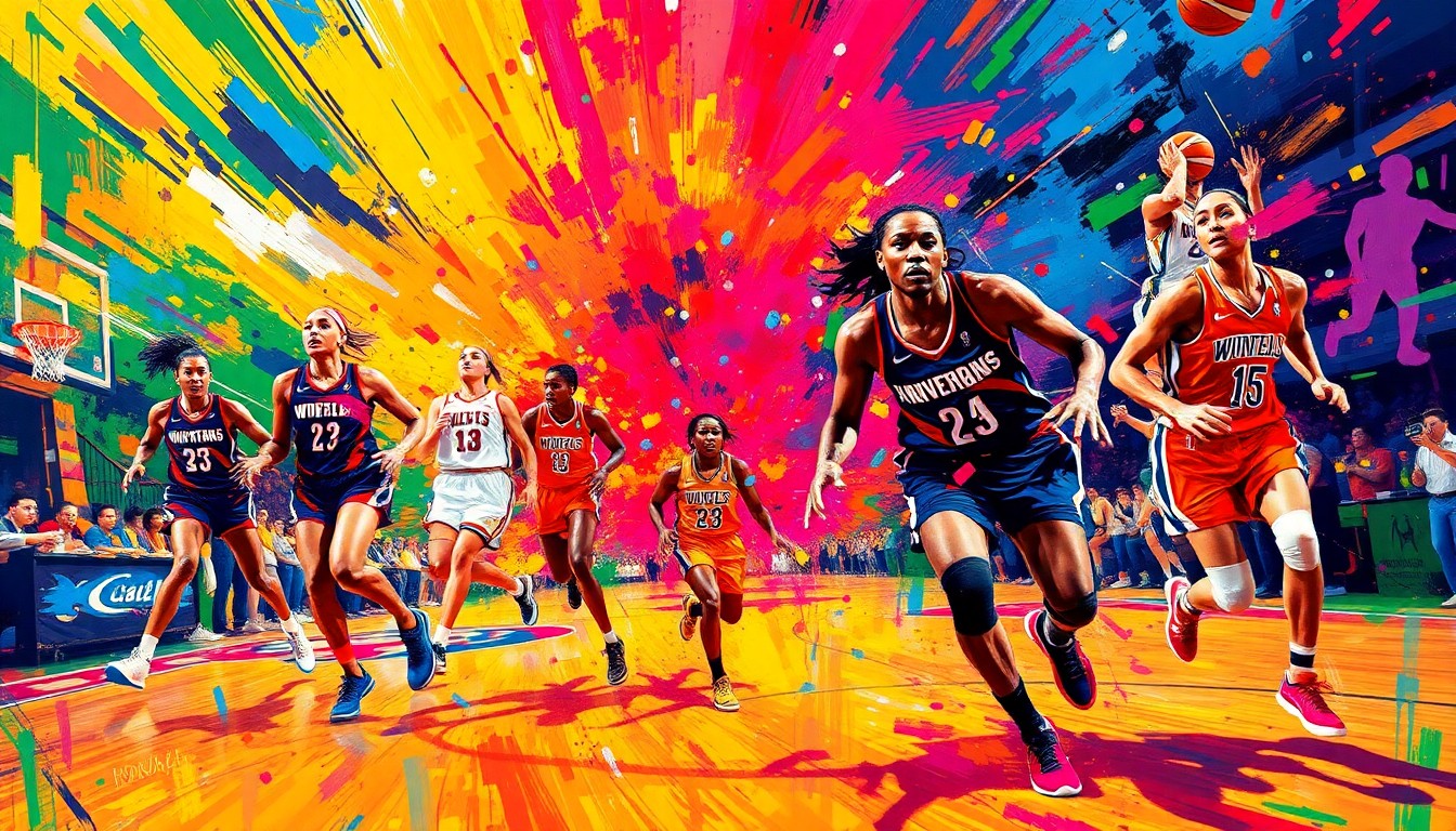 An abstract expressionist painting featuring vibrant neon brushstrokes and splatters of color, capturing the raw energy and movement of WNBA players competing on the court.