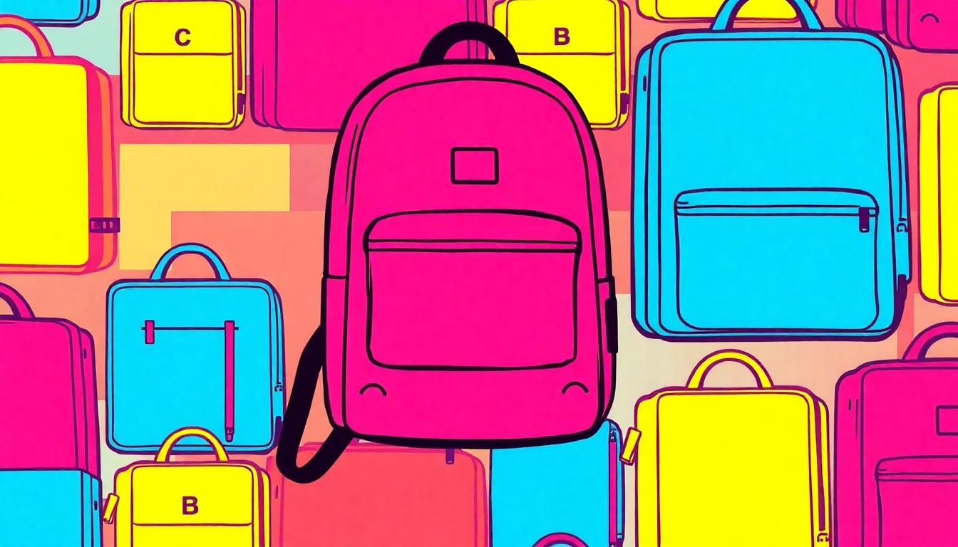 A brightly colored, high-contrast silkscreen print of a school backpack repeated in a tight grid pattern, representing the everyday objects and environment of a school setting transformed into modern pop art.