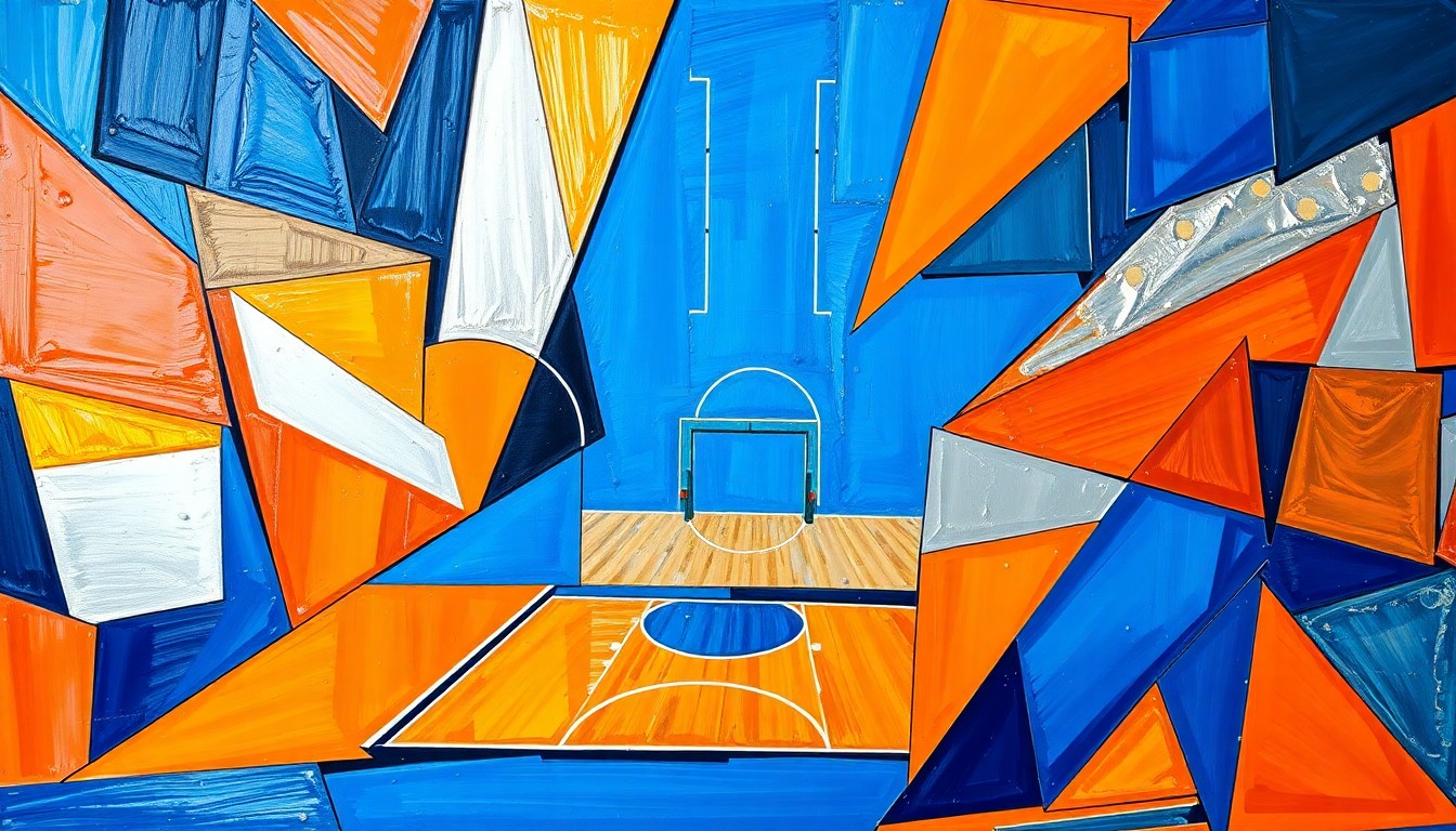 A cubist, geometric painting depicting fragmented basketball players and court elements in a vibrant color palette, conceptually representing the strategic complexities facing the Denver Nuggets.