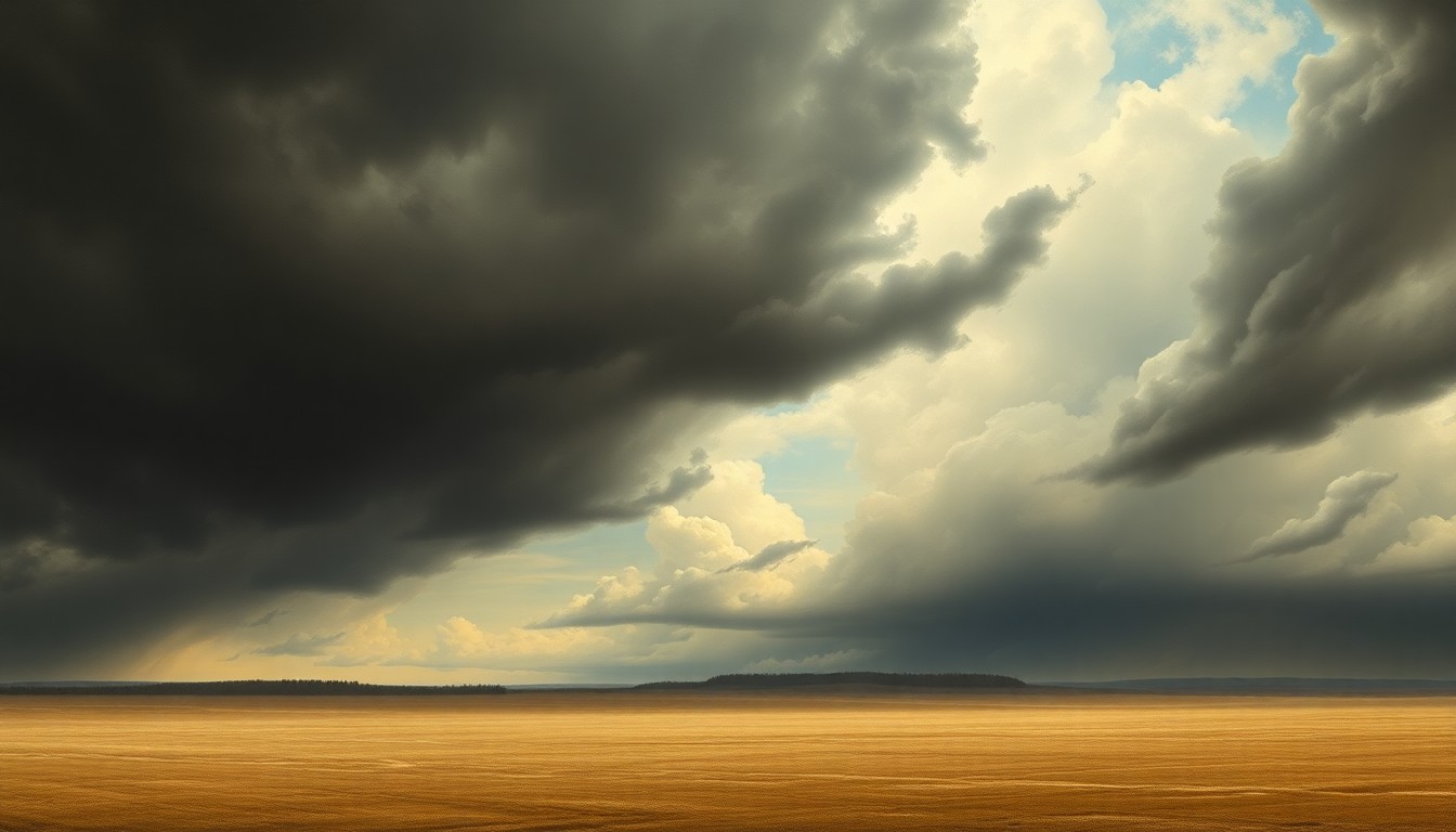A vast, atmospheric landscape painting in muted tones of gray, blue, and green, depicting a sweeping, moody sky filled with dark, foreboding storm clouds over a flat, desolate plain, with a distant, hazy line of trees or low hills on the horizon, conveying the overwhelming scale and power of the natural elements.