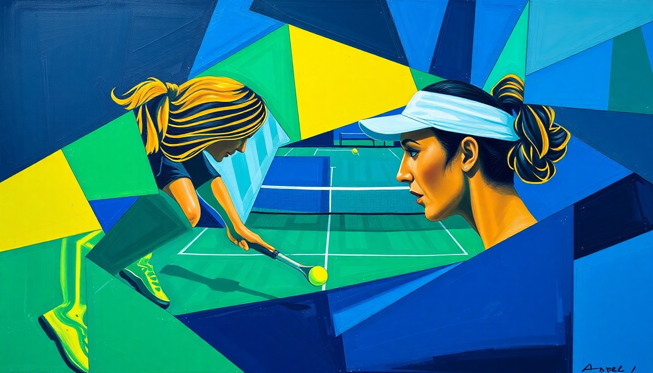 A cubist, geometric painting depicting a tennis match, with overlapping planes of color representing the dynamic action and energy of the game.