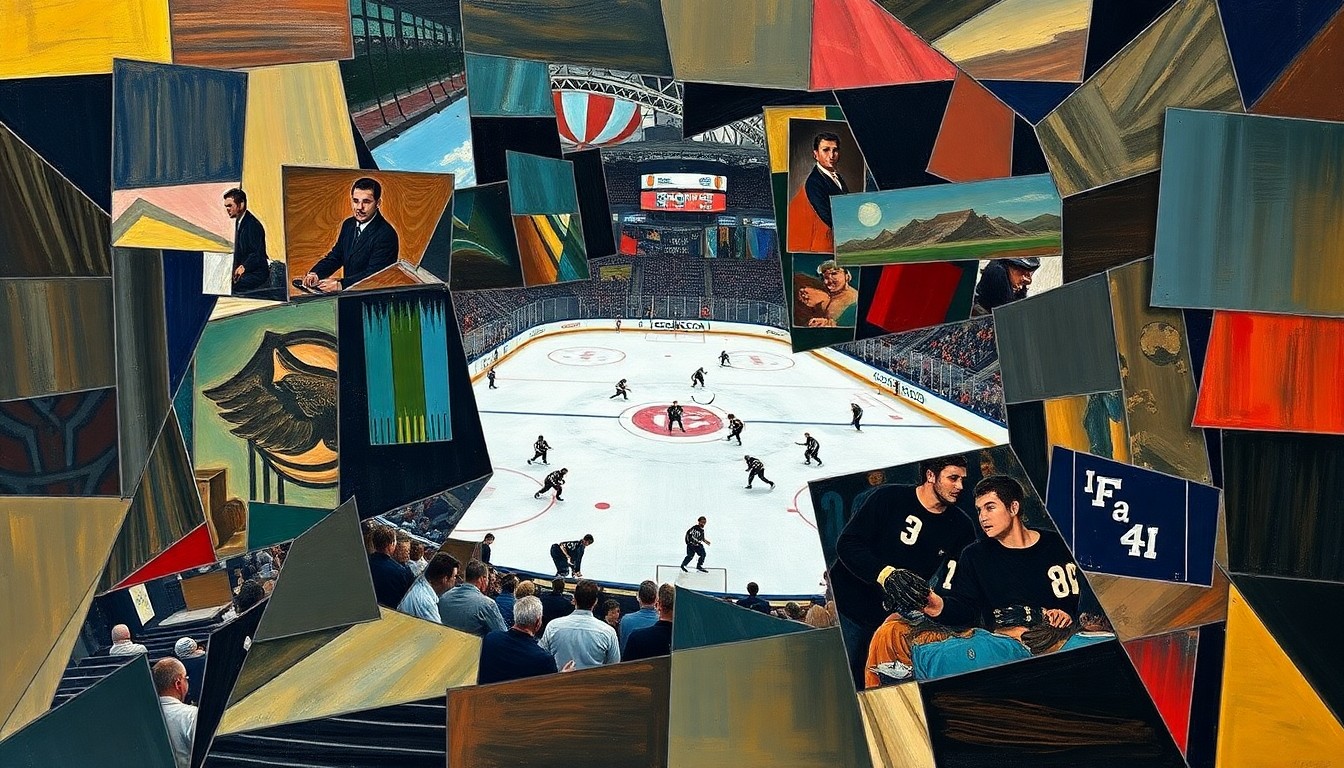 A cubist, geometric painting depicting a fragmented hockey game, with overlapping planes of color and shape representing the complex challenge of navigating injuries and absences in the NHL.