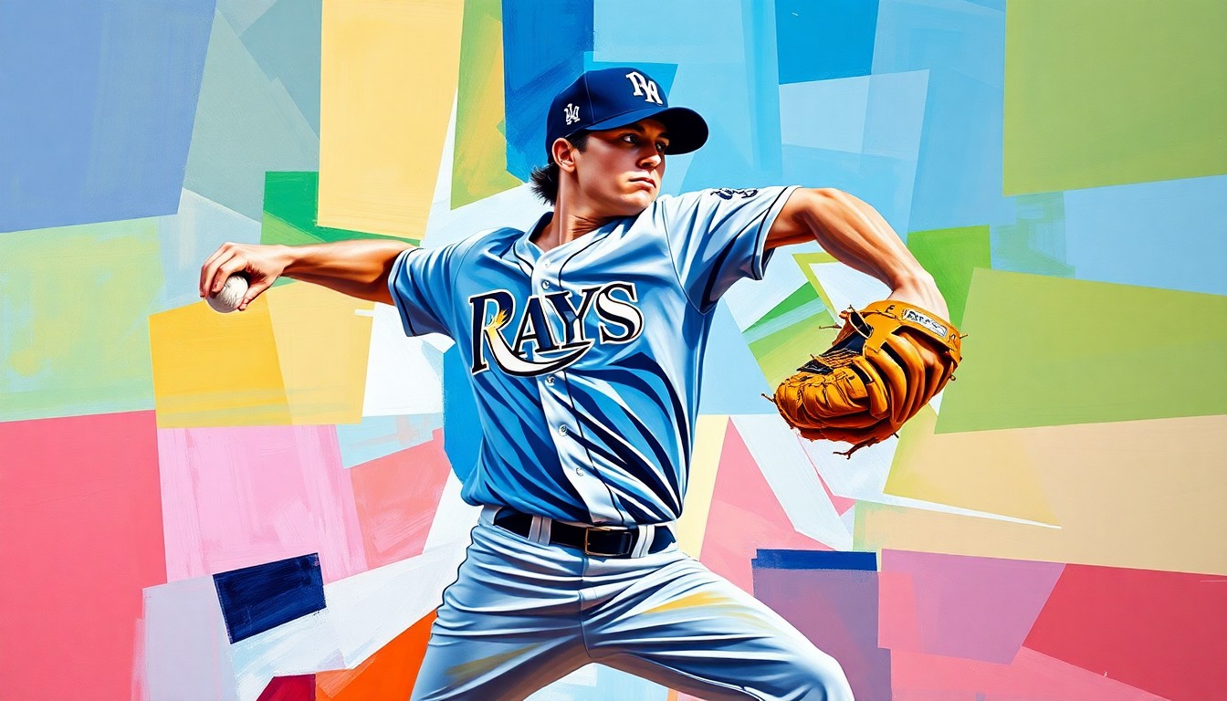 A fragmented, geometric painting depicting the motion of a baseball pitcher's throwing motion, with sharp planes of color representing the Rays and Yankees uniforms.
