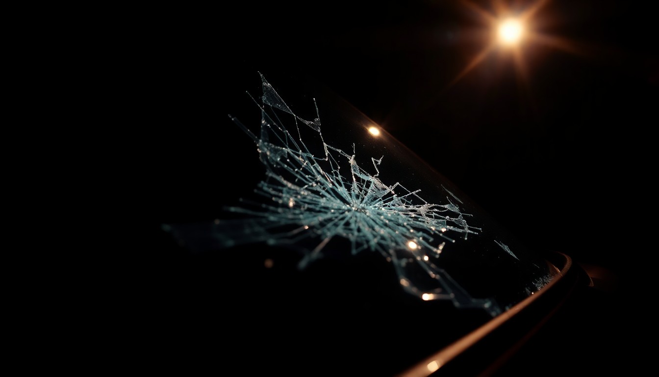 An extreme close-up photograph of a shattered car windshield or side mirror, capturing the harsh, gritty aftermath of a fatal pedestrian crash in a stark, investigative style.