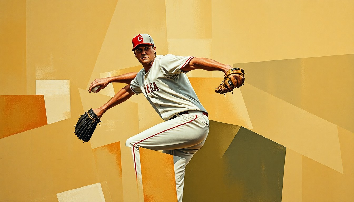 A cubist-style painting depicting a baseball pitcher's motion broken down into sharp, overlapping geometric shapes in muted earth tones, conveying the disruption caused by the loss of a team's top starter.