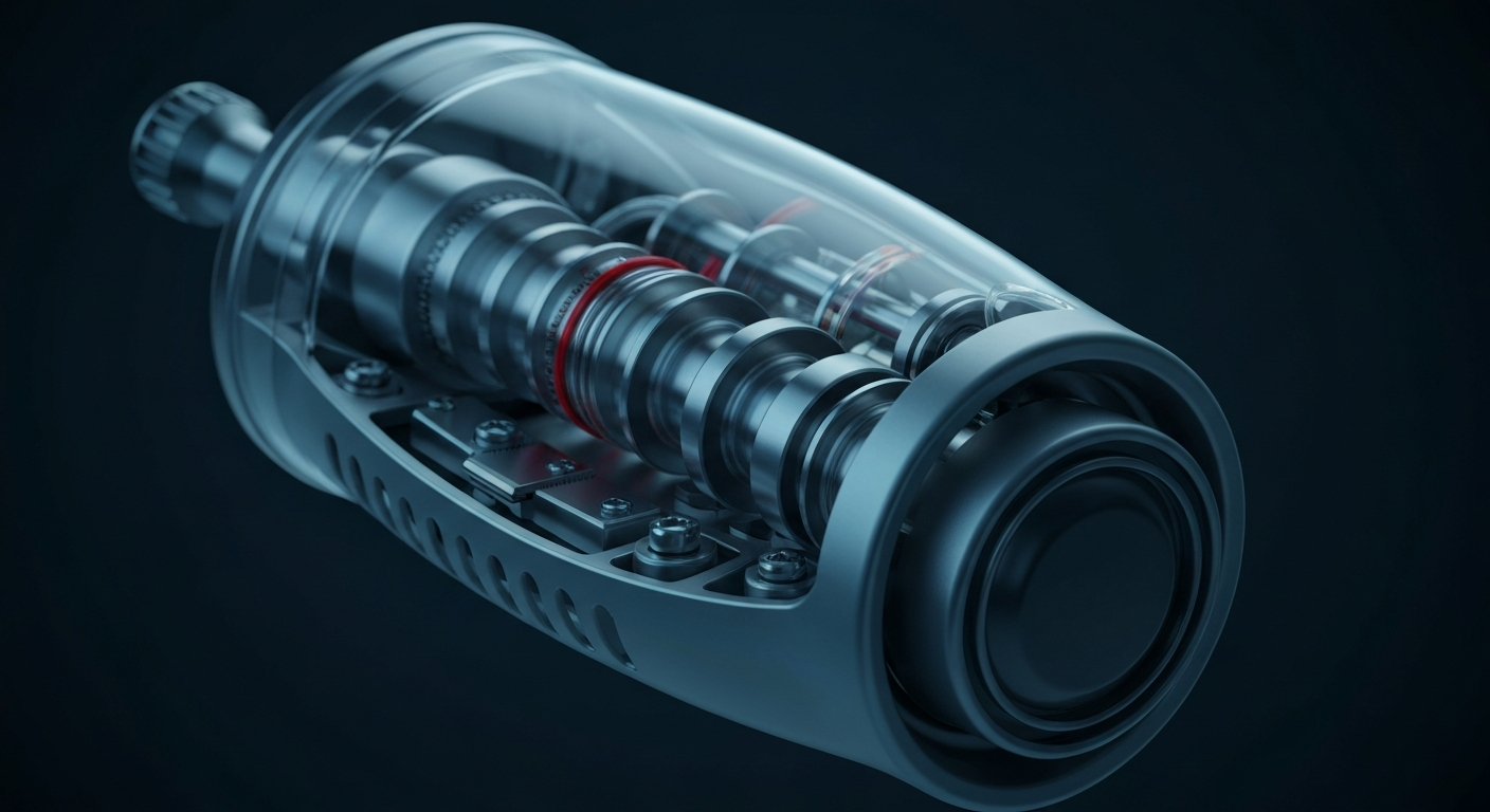An extreme close-up of the internal gears, circuits, and mechanisms of an insulin pump, rendered in high detail to convey the technical complexity and importance of medical devices in the finance industry.