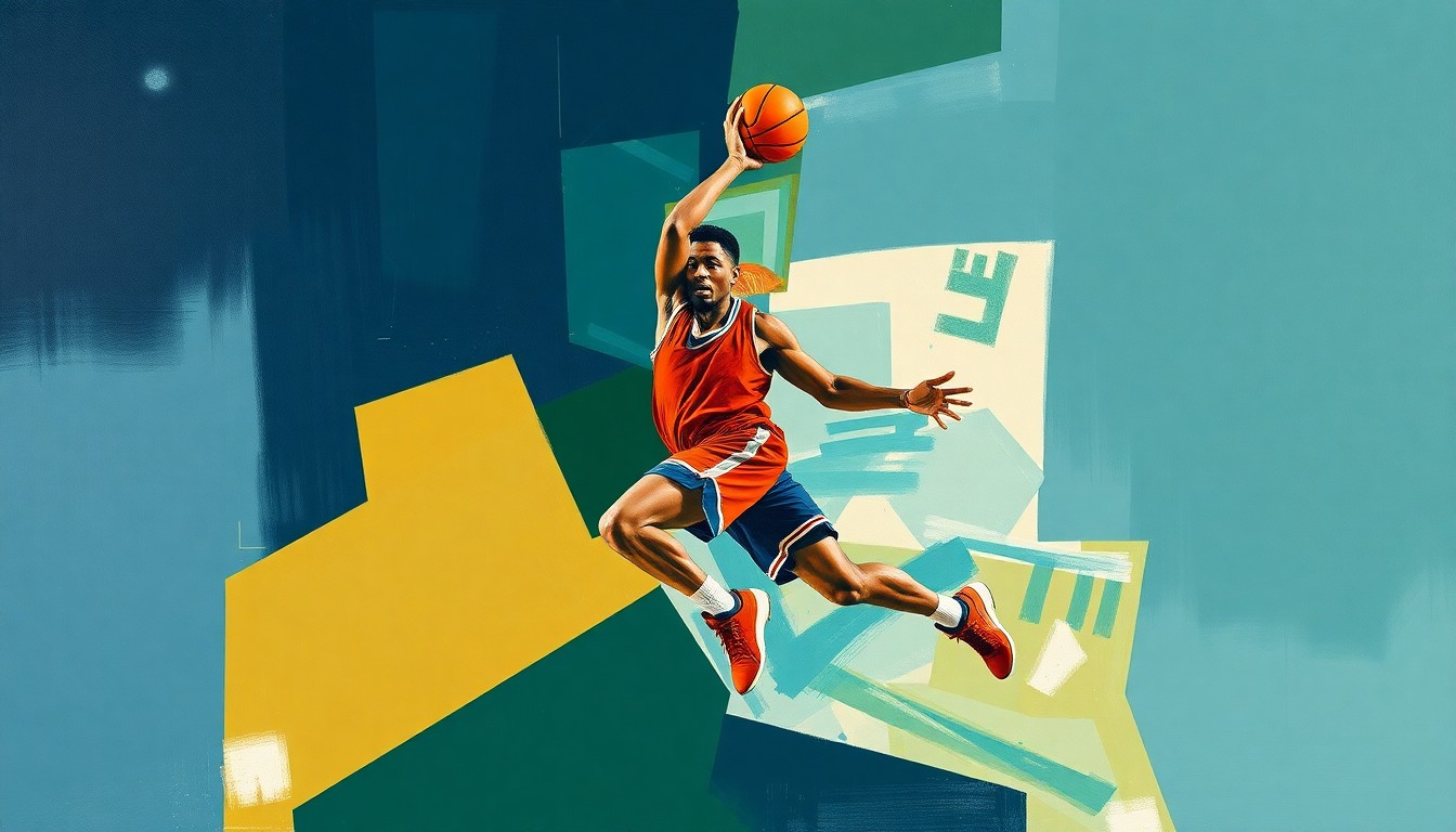 A cubist-style painting featuring a basketball player's body broken down into sharp, overlapping geometric shapes in a color palette of navy, green, and orange, conveying a sense of conflict and fragmentation.