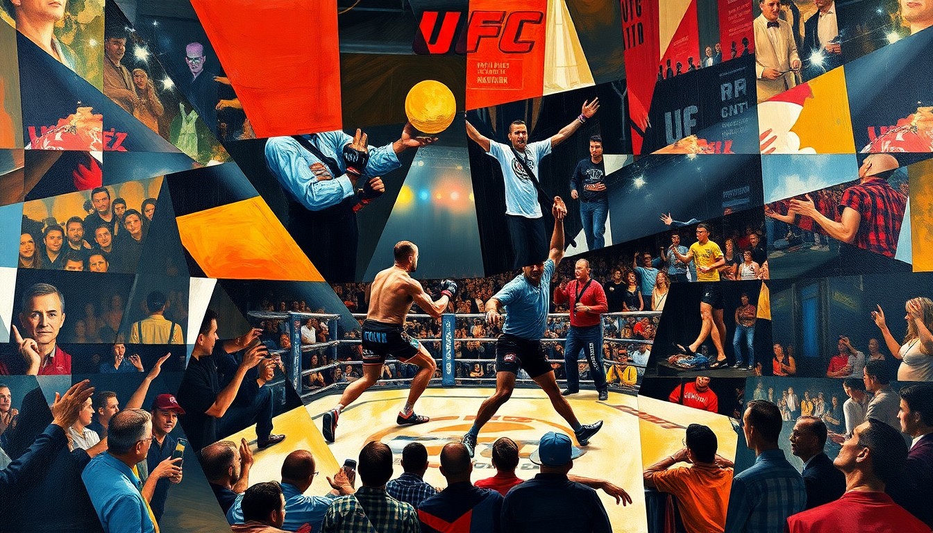 A cubist, geometric painting depicting the energy and movement of a UFC fight, with the audience and fighters broken down into sharp, overlapping planes of color and shape.