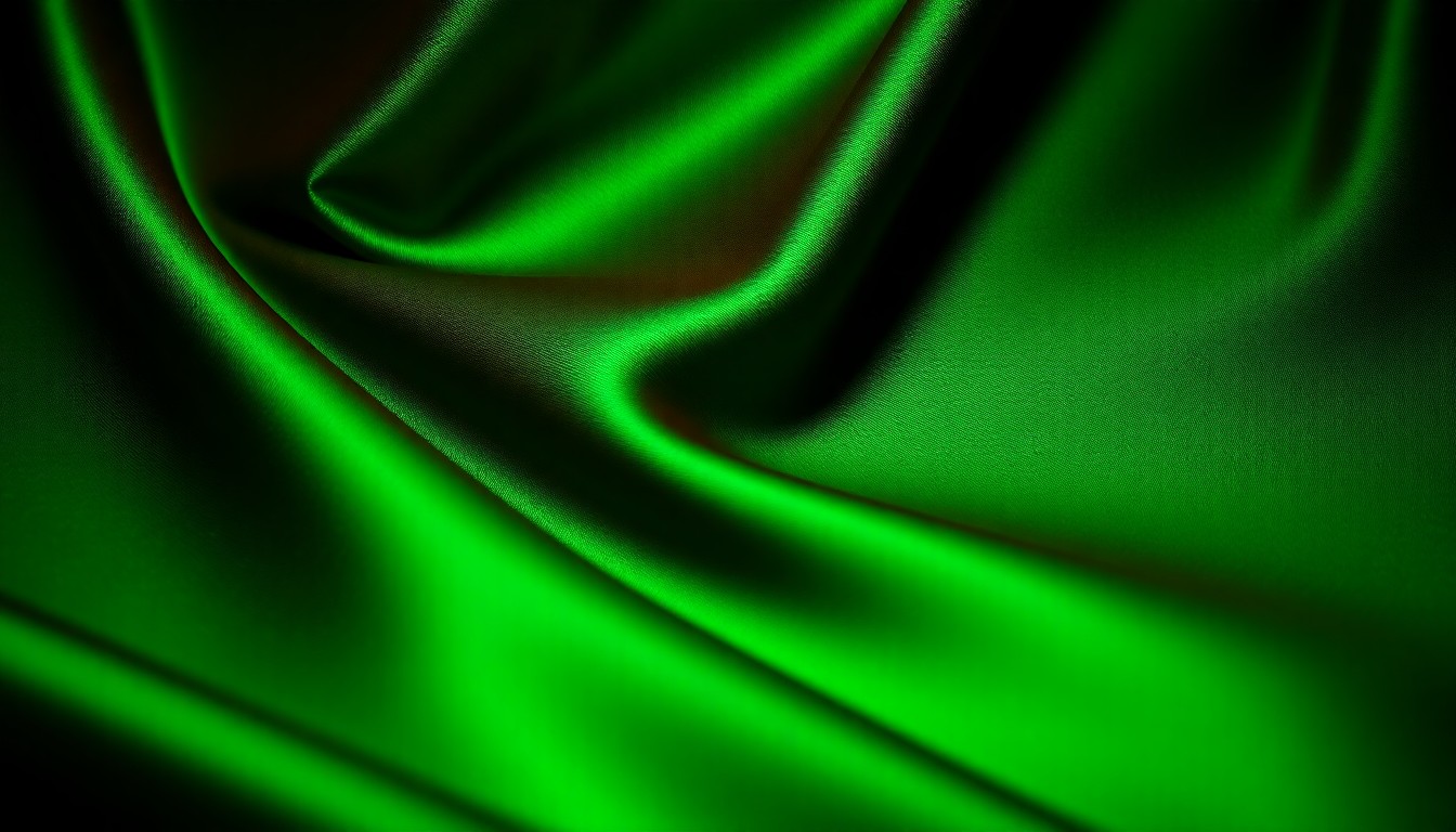 An extreme close-up photograph of shimmering green silk fabric, captured in dramatic high-contrast studio lighting to create a luxurious, high-fashion aesthetic.