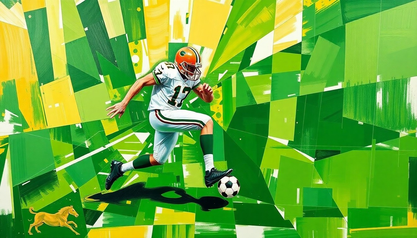 A fractured, geometric painting depicting a football kickoff return, with sharp planes of green, gold, and white overlapping to create a dynamic, multi-perspective visual representation of the play.