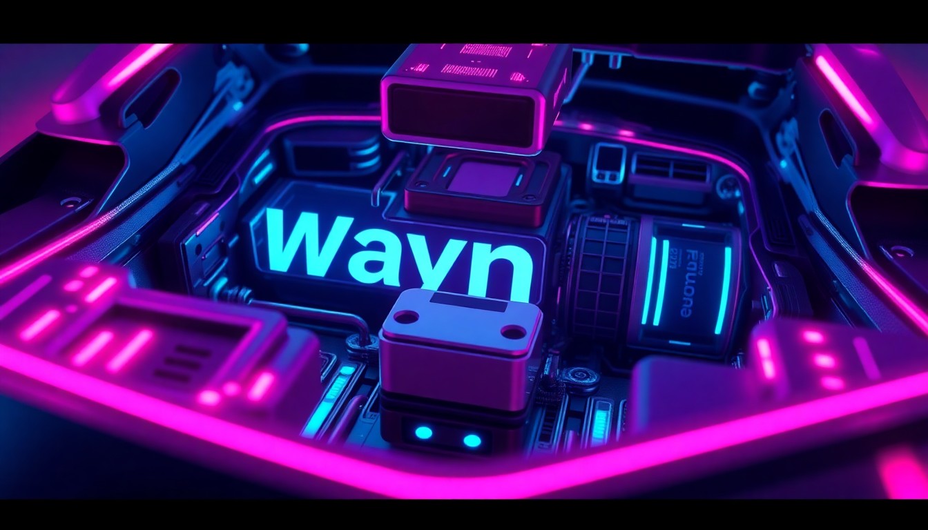 A highly detailed, glowing 3D illustration of the internal components and sensor array of a Waymo autonomous vehicle, with neon cyan and magenta lights illuminating the complex cybernetic hardware, conceptually representing the technological complexities of self-driving cars.