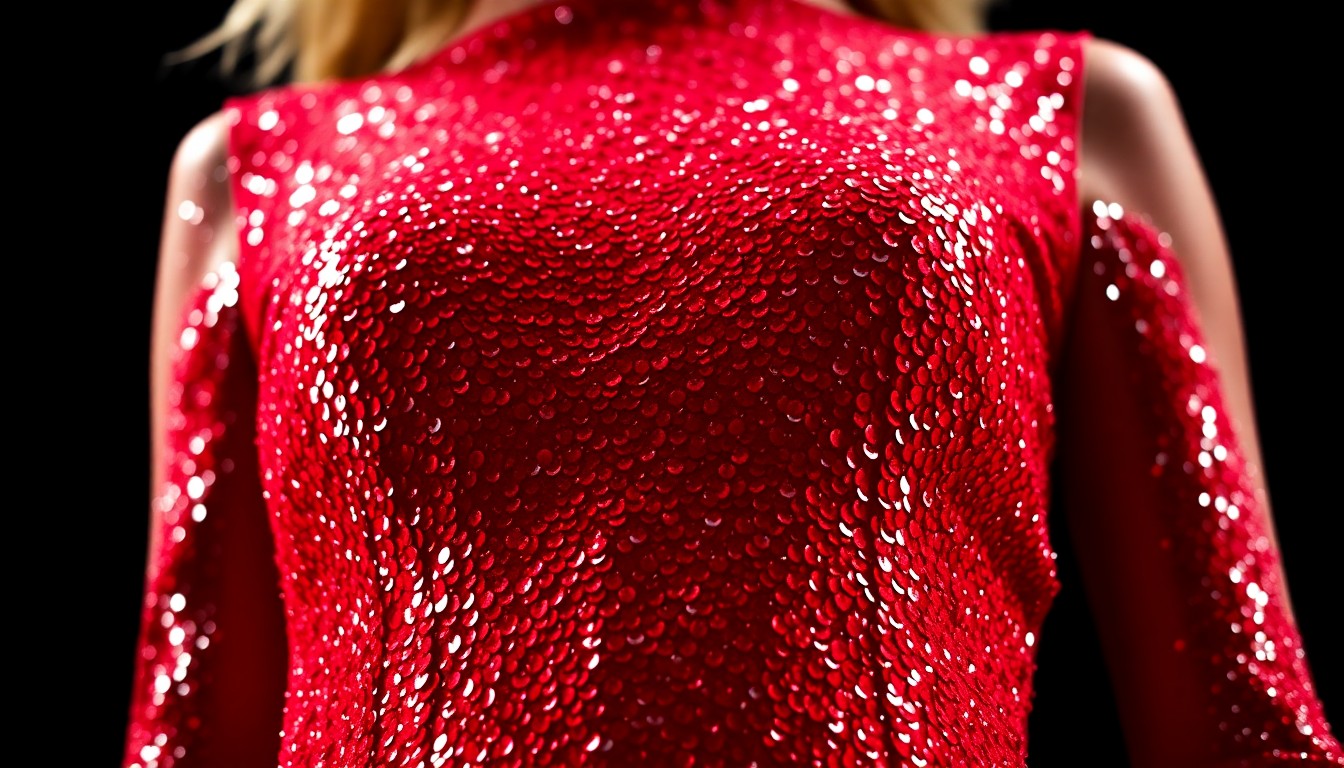 An extreme close-up of shimmering red sequins on a dress, captured in dramatic, high-contrast lighting to create a luxurious, high-fashion aesthetic that evokes the glamour of old Hollywood.