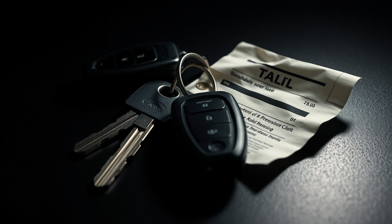 An extreme close-up of a set of car keys and a crumpled traffic ticket, dramatically lit by a harsh flash against a pitch-black background, conceptually representing the legal troubles of a football coach.