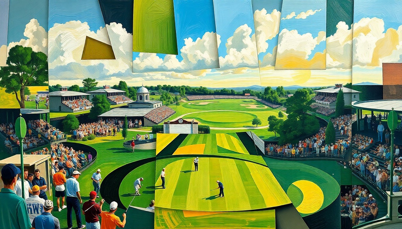 A cubist, geometric painting depicting a fragmented, multi-angled view of a golf tournament, with sharp planes of color and form representing the complex dynamics between players and spectators.