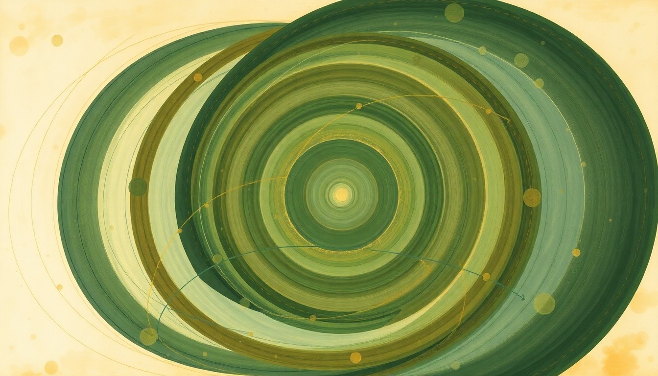 A highly structured, geometric abstract painting in muted green, blue, and brown tones, depicting sweeping arcs, concentric circles, and precise botanical spirals that convey the interconnected forces and structures of global ecosystems without any text or labels.