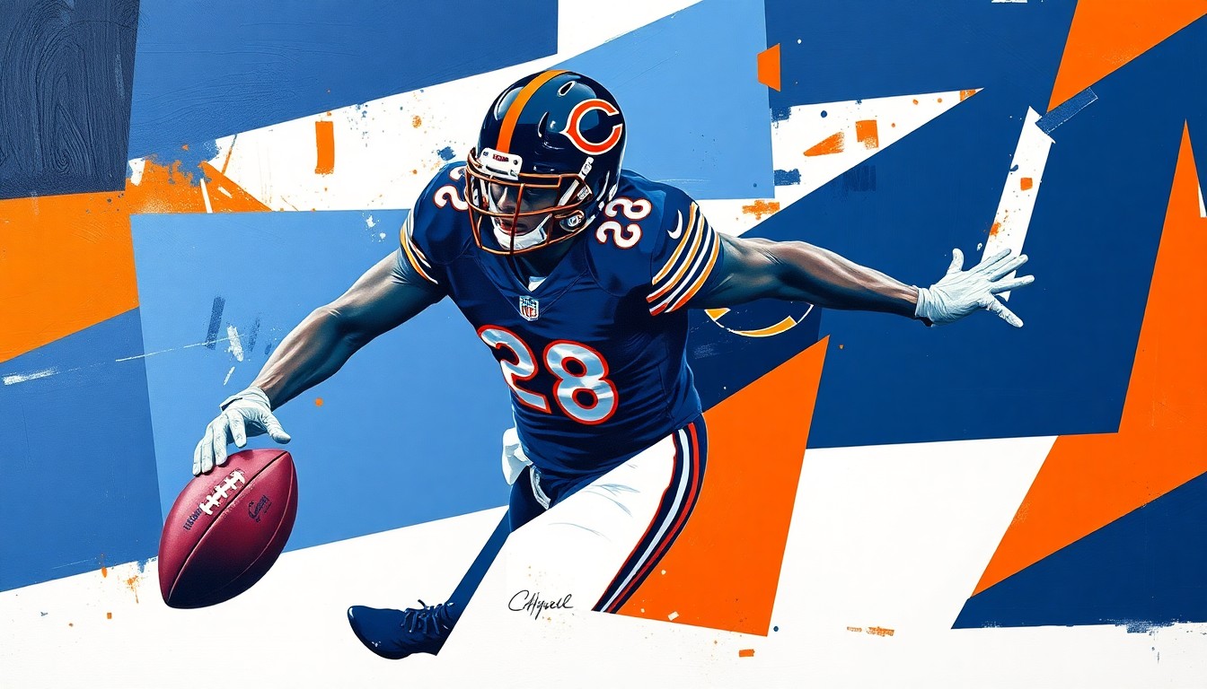 A cubist, geometric painting depicting a Bears defensive player making an interception, with sharp, overlapping planes of navy blue, orange, and white conveying the dynamic movement and energy of the play.