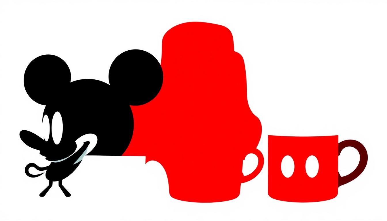 An abstract, minimalist illustration featuring bold, jagged shapes and silhouettes in high-contrast colors, representing the Disney family title mugs in a conceptual, graphic style.
