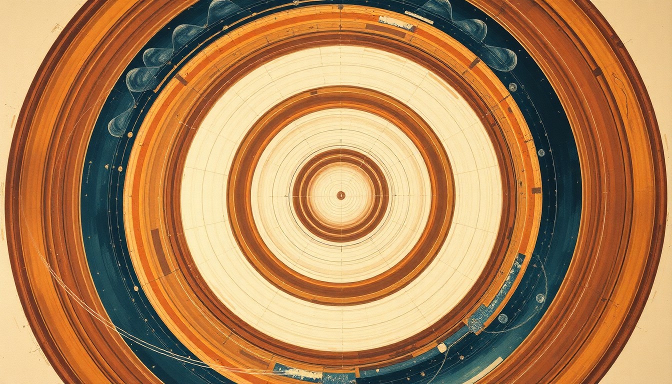 A highly structured abstract painting in earthy tones, featuring sweeping geometric arcs, concentric circles, and precise botanical spirals, conceptually representing the complex engineering challenges of the Artemis II mission.