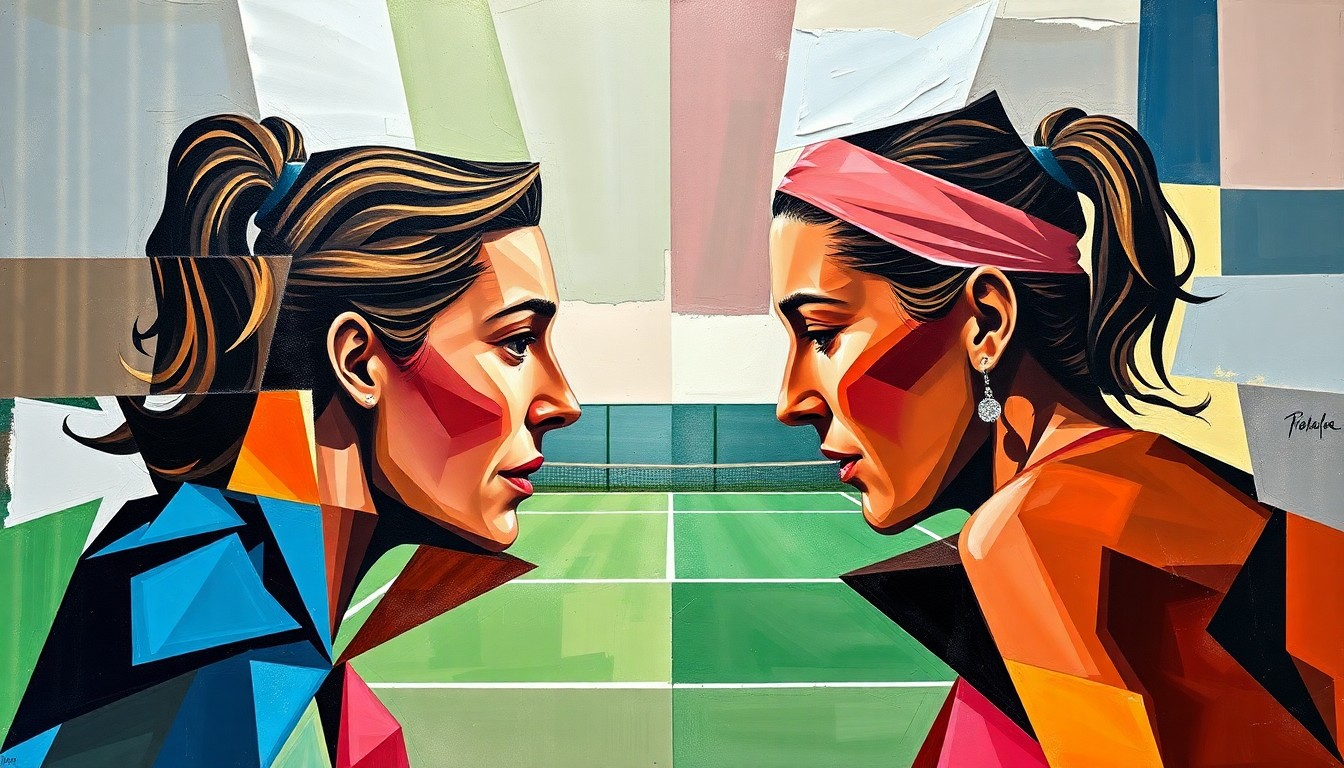 A cubist, geometric painting depicting a tennis match between Coco Gauff and Karolina Muchova, with the players and court broken down into sharp, overlapping planes of color and form.