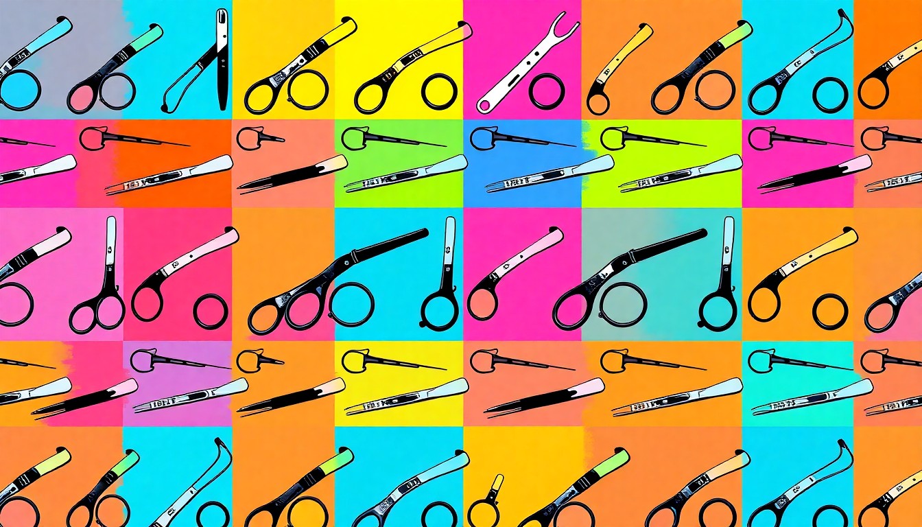 A bold, colorful silkscreen print featuring a grid of medical instruments like scalpels and stethoscopes, representing the hands-on approach to learning in the CTC Anatomy lab.