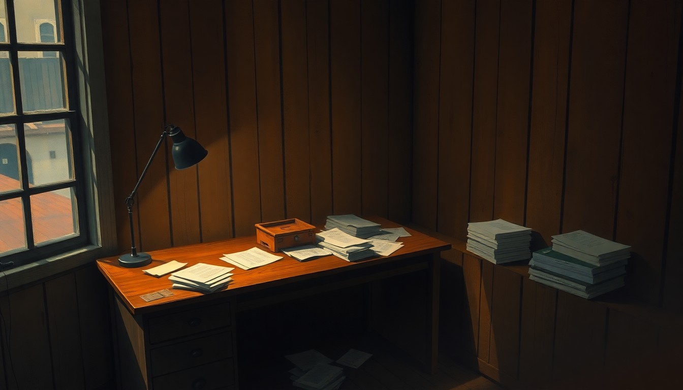 A dimly lit, cinematic painting of an old wooden desk with scattered papers and a single desk lamp, creating a sense of solitude and contemplation around the preservation of sensitive historical documents.