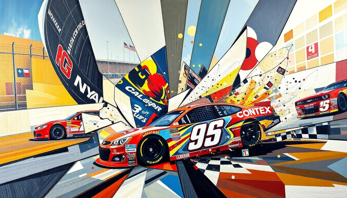 A cubist, geometric painting depicting a NASCAR race with Corey Day's car colliding with other vehicles, the scene fractured into sharp, overlapping planes of color and form.