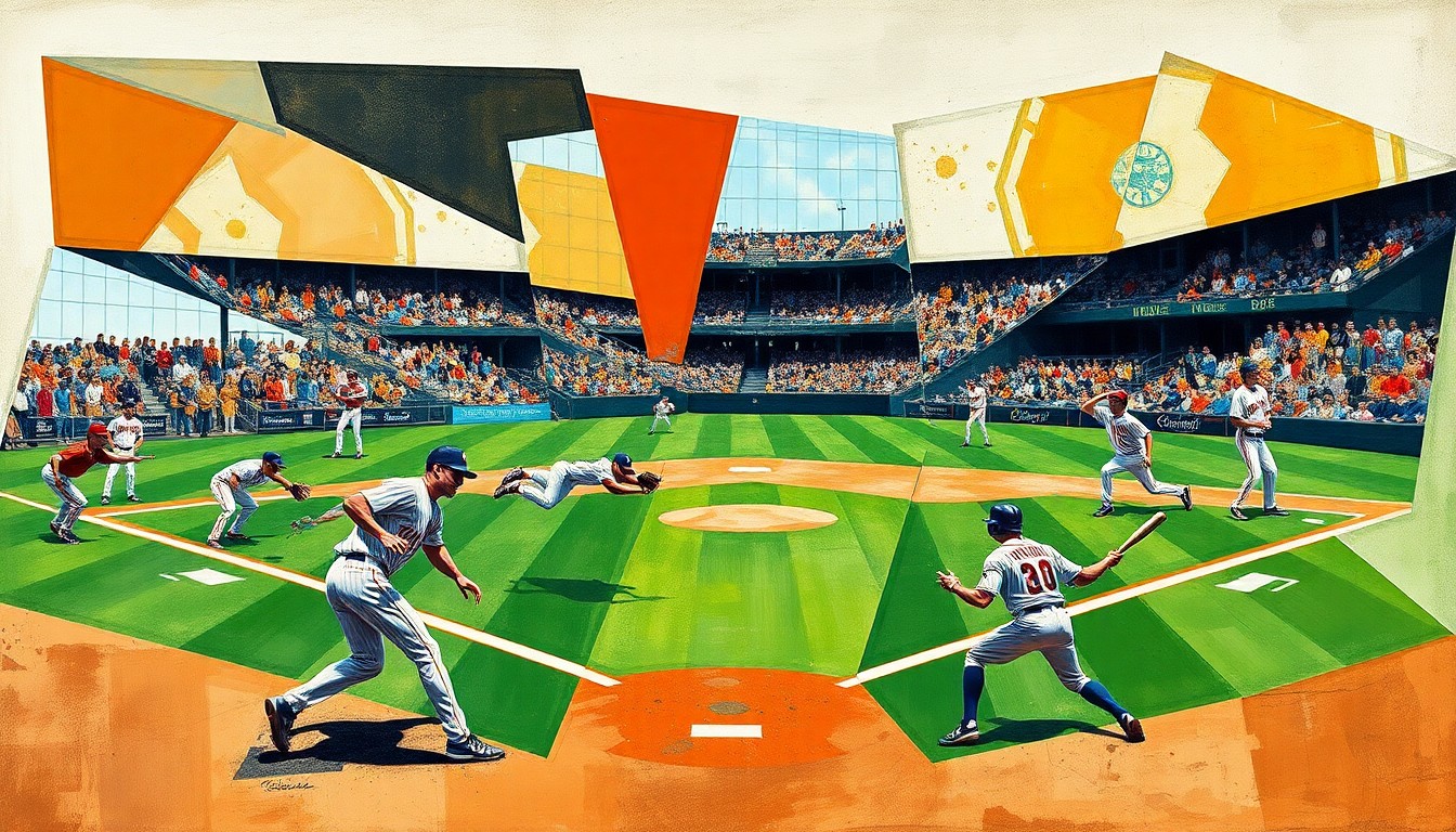 A cubist-style painting depicting a baseball infield scene, with the players and field broken down into sharp, overlapping geometric shapes and planes, capturing the dynamic energy and tension of the competition.