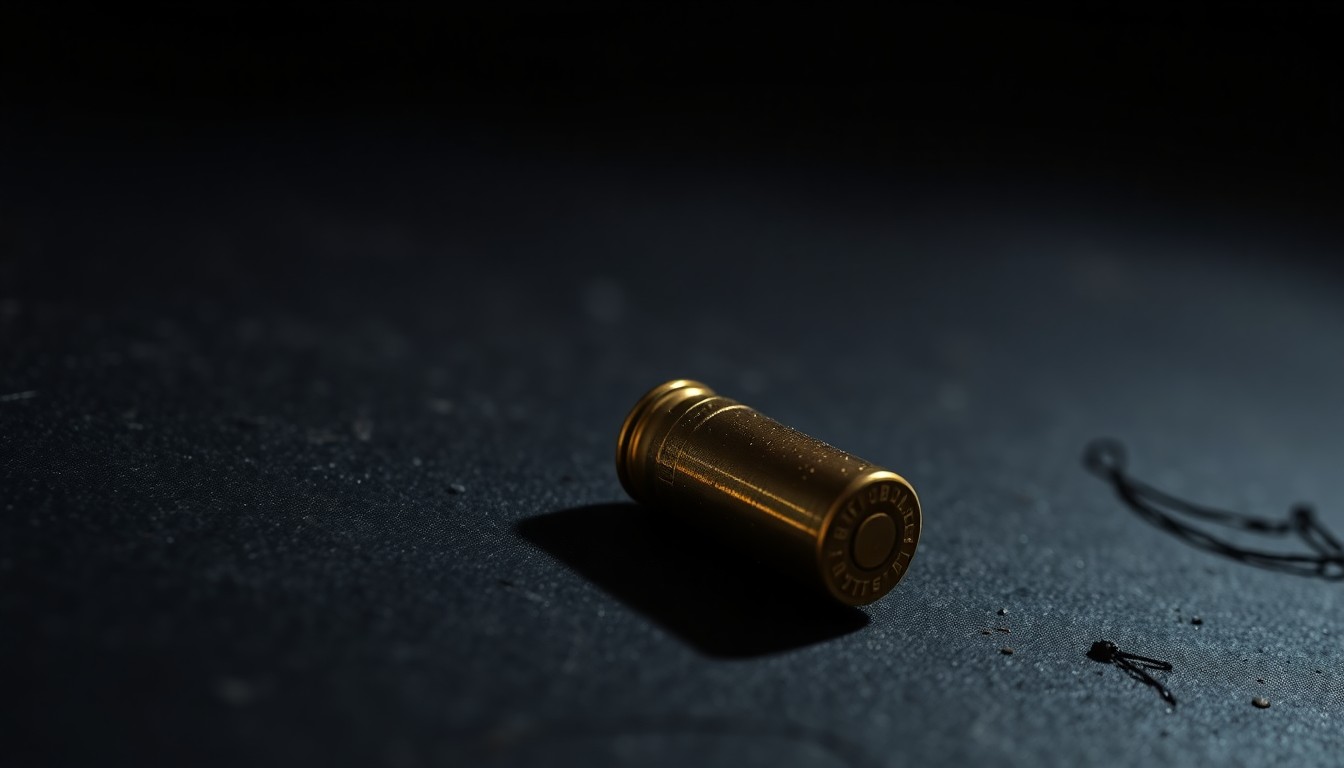 An extreme close-up photograph of a single spent bullet casing on a dark, textured surface, lit by a harsh, direct camera flash, conceptually representing the aftermath of a shooting incident.
