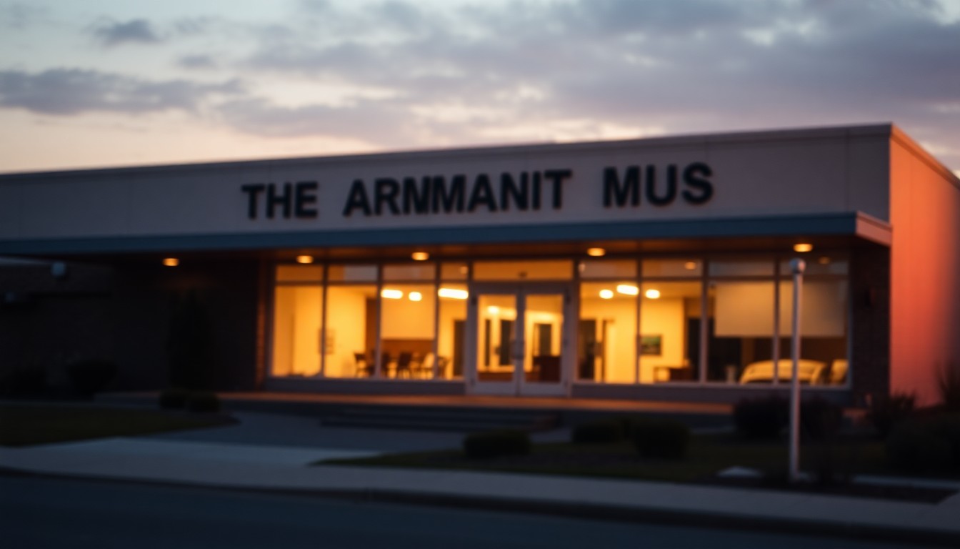 An abstract, impressionistic photograph of the exterior of a museum building, with blurred shapes and colors creating a dreamlike, atmospheric scene that evokes the museum's focus on preserving military history.