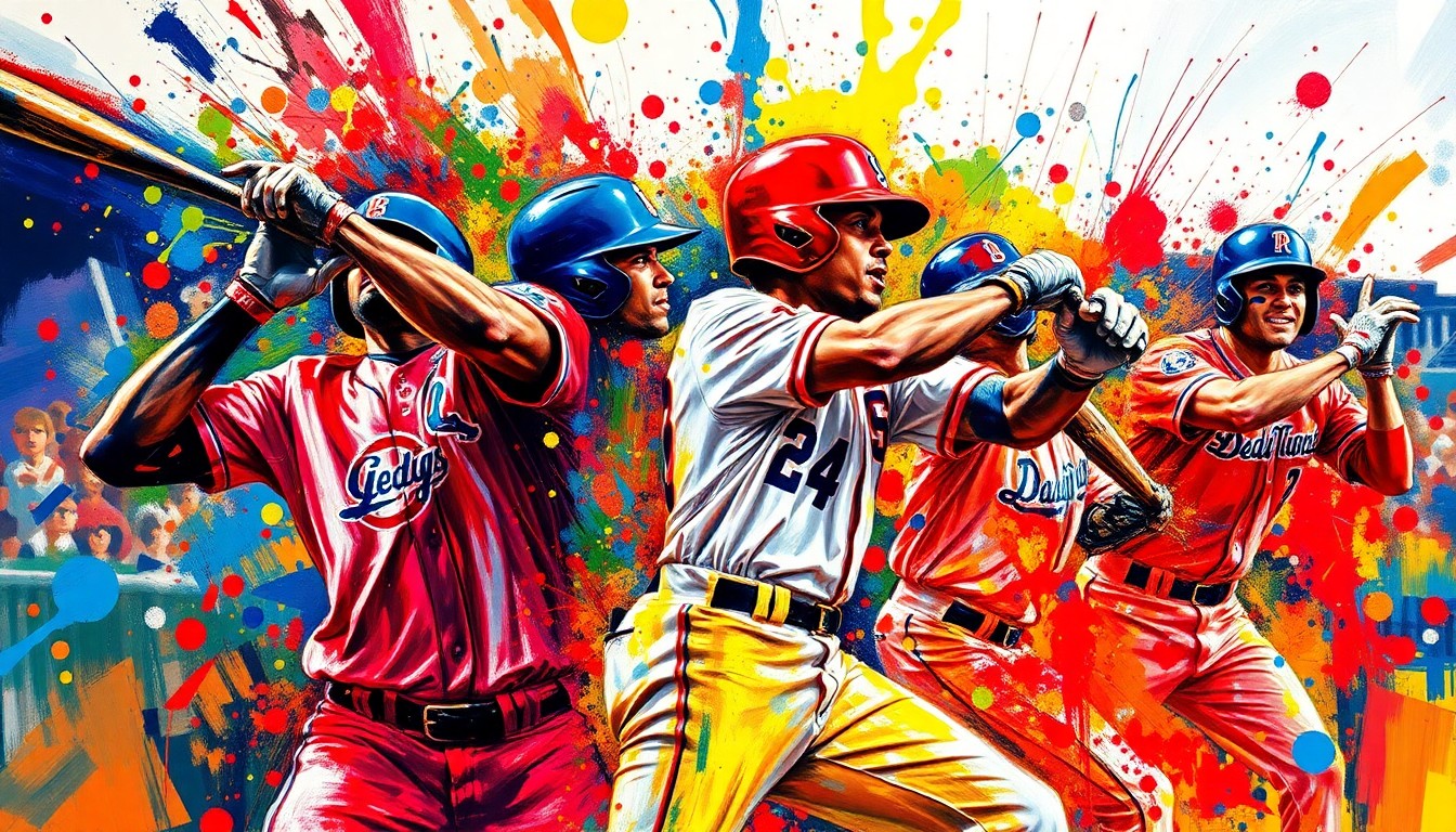An abstract, expressionist painting in neon colors depicting the explosive energy and celebratory movements of a Dominican Republic baseball player hitting a home run, with the player's face and details dissolving into vibrant brushstrokes.