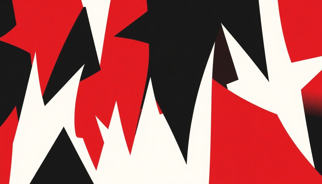 An abstract, minimalist illustration featuring bold, jagged shapes in deep red, black, and white, conceptually representing the diverse musical styles and creative energy of Latino composers in the US.