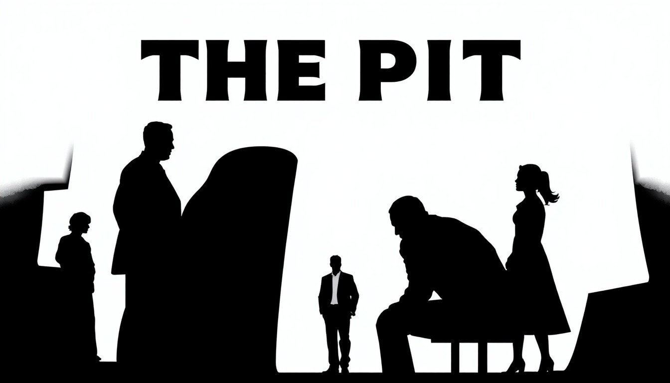 An abstract, minimalist illustration featuring stark black silhouettes and jagged geometric shapes, conceptually representing the evolving character dynamics and personal growth explored in the medical drama The Pitt.